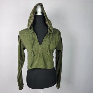 Katmandu Cropped Hoodie Green Long Sleeve Pullover Elastic Back 100% Cotton  M